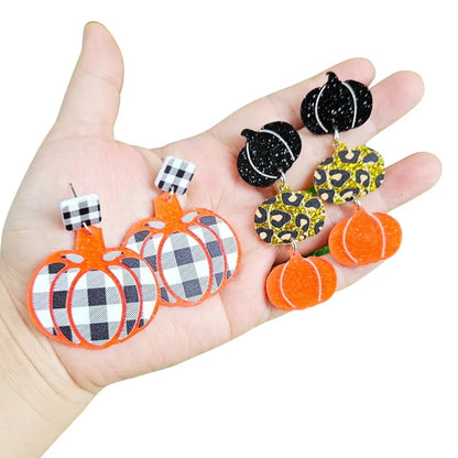 1 Pair Funny Pumpkin Plaid Arylic Drop Earrings