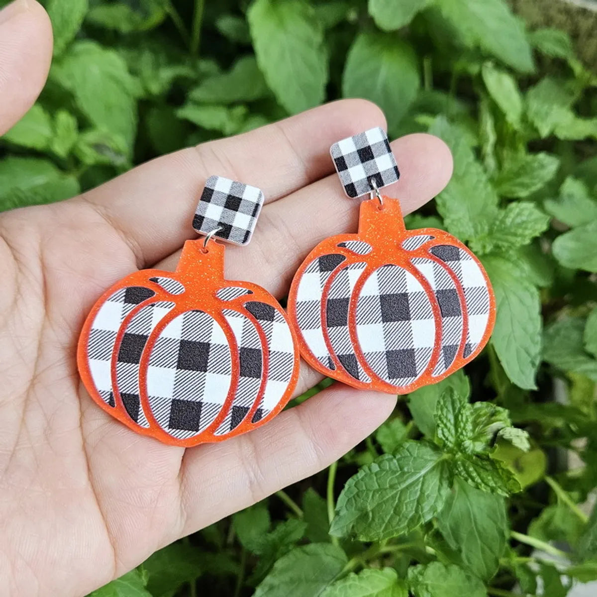 1 Pair Funny Pumpkin Plaid Arylic Drop Earrings