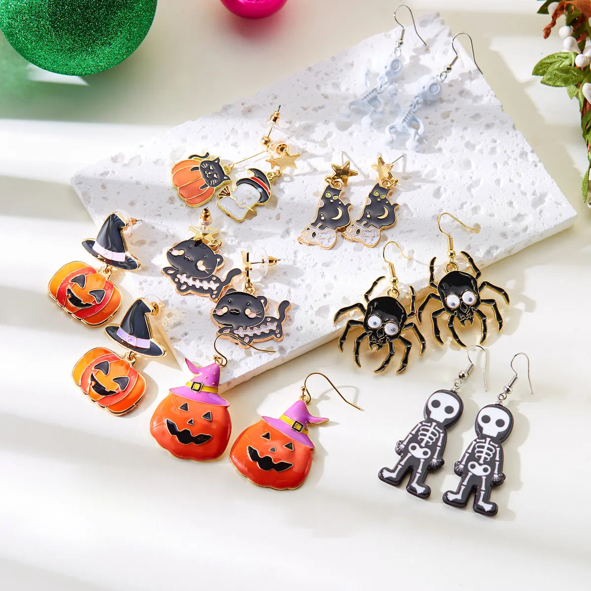 1 Pair Funny Pumpkin Spider Skull Asymmetrical Enamel Alloy Drop Earrings