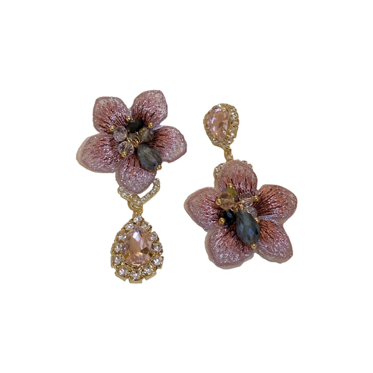 1 Pair Glam Flower Cloth Copper Inlay Artificial Crystal Rhinestones Drop Earrings