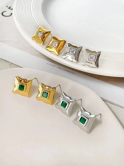 1 Pair Glam Lady Geometric Inlay Stainless Steel Zircon 18K Gold Plated Ear Studs