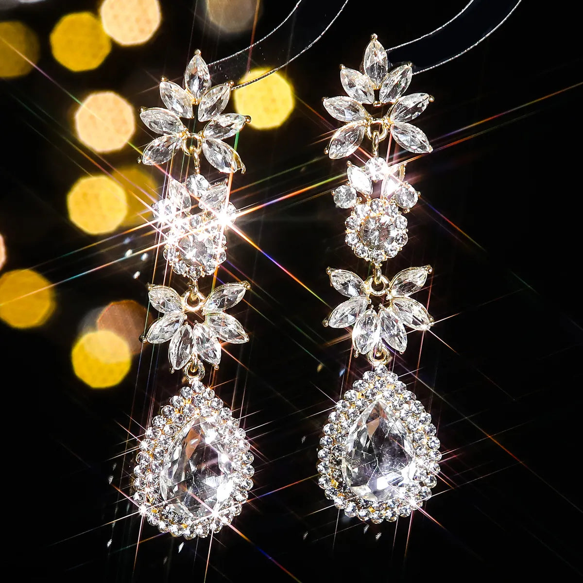 1 Pair Glam Luxurious Shiny Water Droplets Flower Plating Inlay Alloy Rhinestones Zircon Drop Earrings