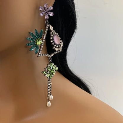 1 Pair Glam Luxurious Vacation Leaves Flower Plating Inlay Arylic Alloy Rhinestones Silver Plated Drop Earrings