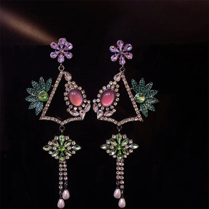 1 Pair Glam Luxurious Vacation Leaves Flower Plating Inlay Arylic Alloy Rhinestones Silver Plated Drop Earrings