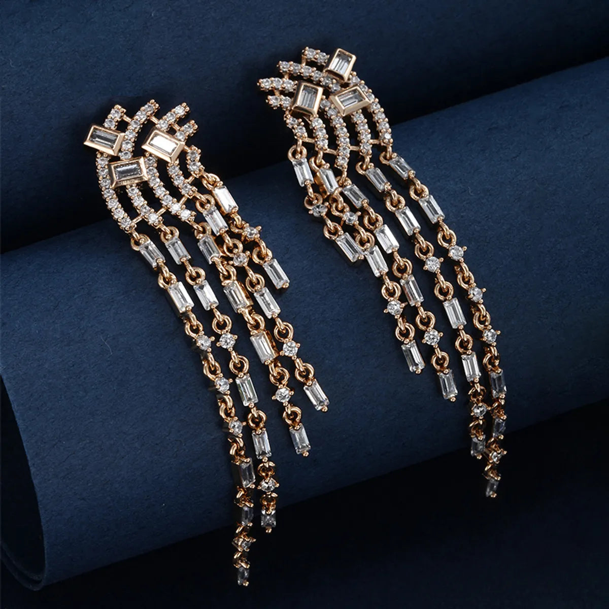 1 Pair Glam Luxurious Xuping Tassel Rectangle Plating Inlay Copper Alloy Artificial Diamond 18k Gold Plated Drop Earrings