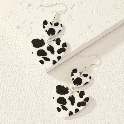 1 Pair Glam Queen Pastoral Cow Pattern Heart Shape Arylic Earrings