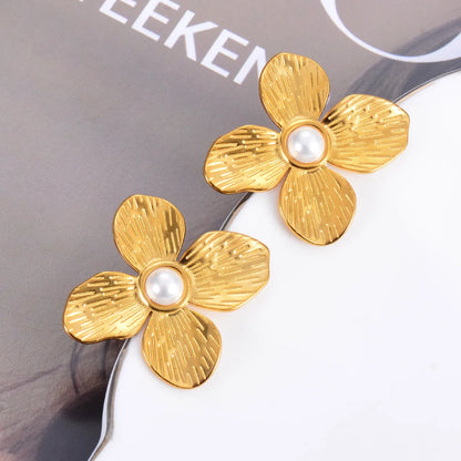 1 Pair Glam Retro Flower Plating Inlay Stainless Steel Artificial Pearls Ear Studs