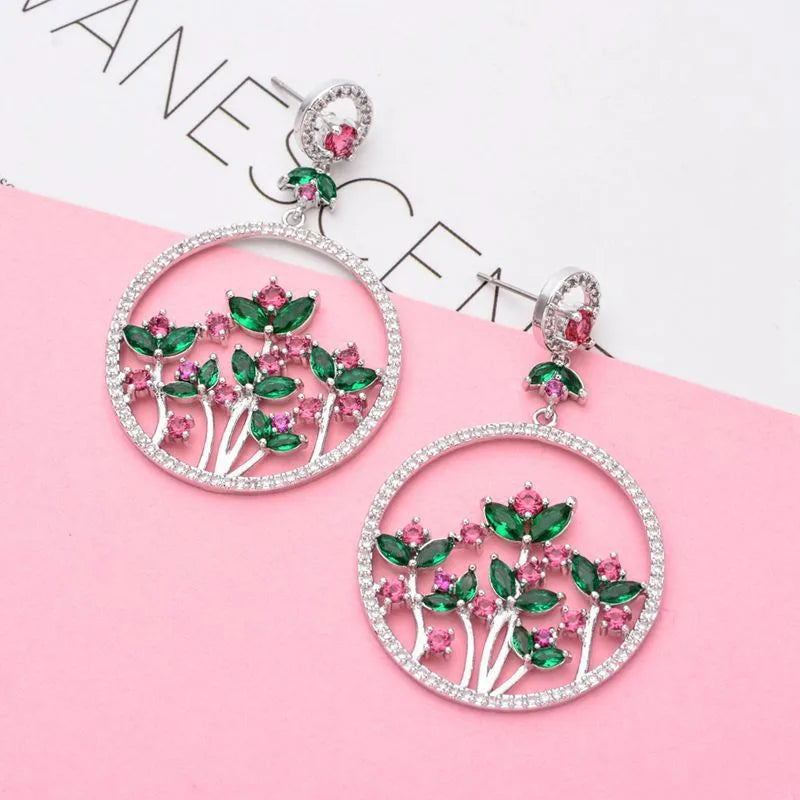 1 Pair Glam Shiny Circle Flower Plating Inlay Copper Zircon White Gold Plated Drop Earrings