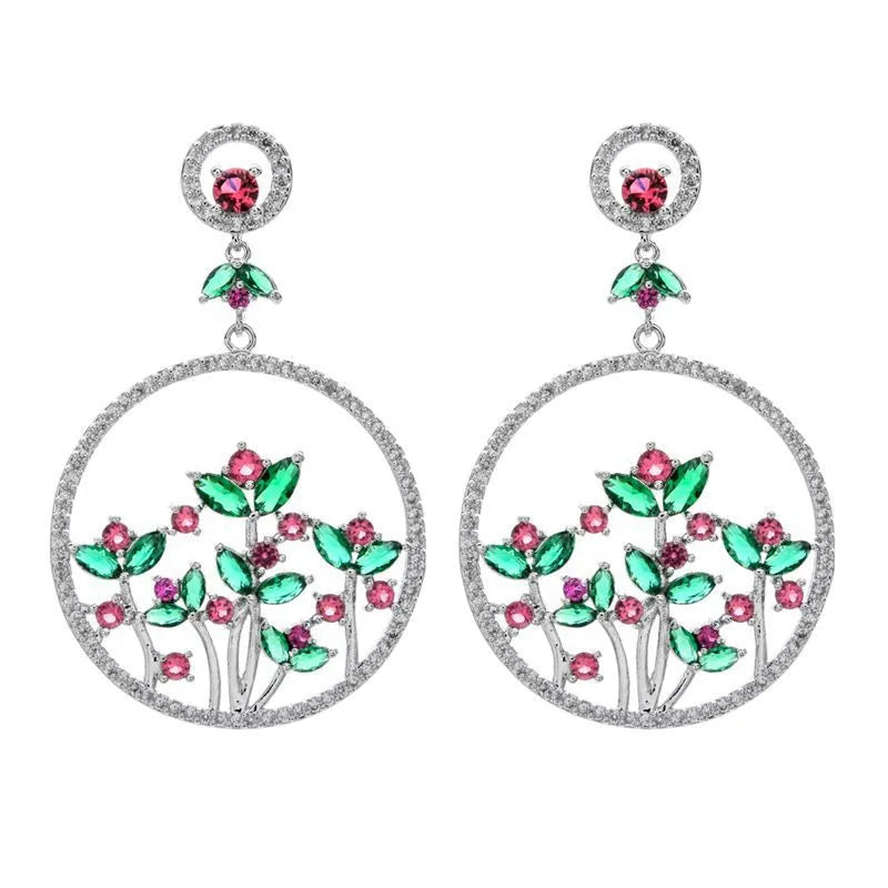 1 Pair Glam Shiny Circle Flower Plating Inlay Copper Zircon White Gold Plated Drop Earrings