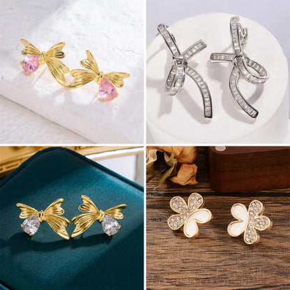 1 Pair Glam Shiny Flower Bow Knot Plating Inlay Copper Shell Zircon Gold Plated Ear Studs