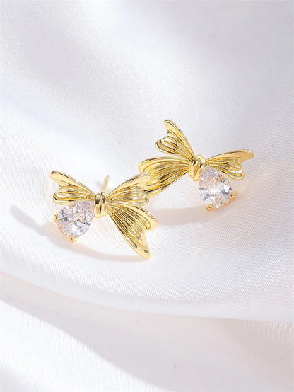 1 Pair Glam Shiny Flower Bow Knot Plating Inlay Copper Shell Zircon Gold Plated Ear Studs