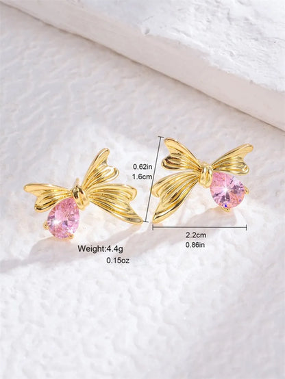 1 Pair Glam Shiny Flower Bow Knot Plating Inlay Copper Shell Zircon Gold Plated Ear Studs