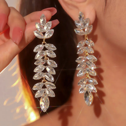 1 Pair Glam Shiny Leaves Plating Inlay Alloy Rhinestones Zircon Drop Earrings