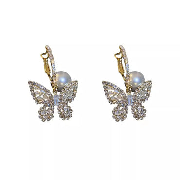 1 Pair Glam Simple Style Butterfly Plating Inlay Imitation Pearl Alloy Artificial Rhinestones Zircon 14k Gold Plated Drop Earrings