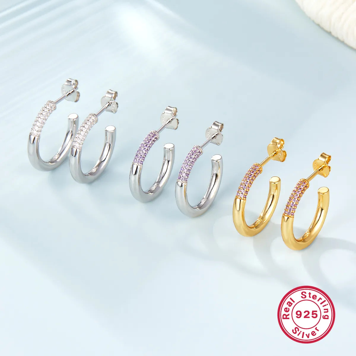 1 Pair Glam Simple Style C Shape Inlay Sterling Silver Zircon 18K Gold Plated White Gold Plated Ear Studs