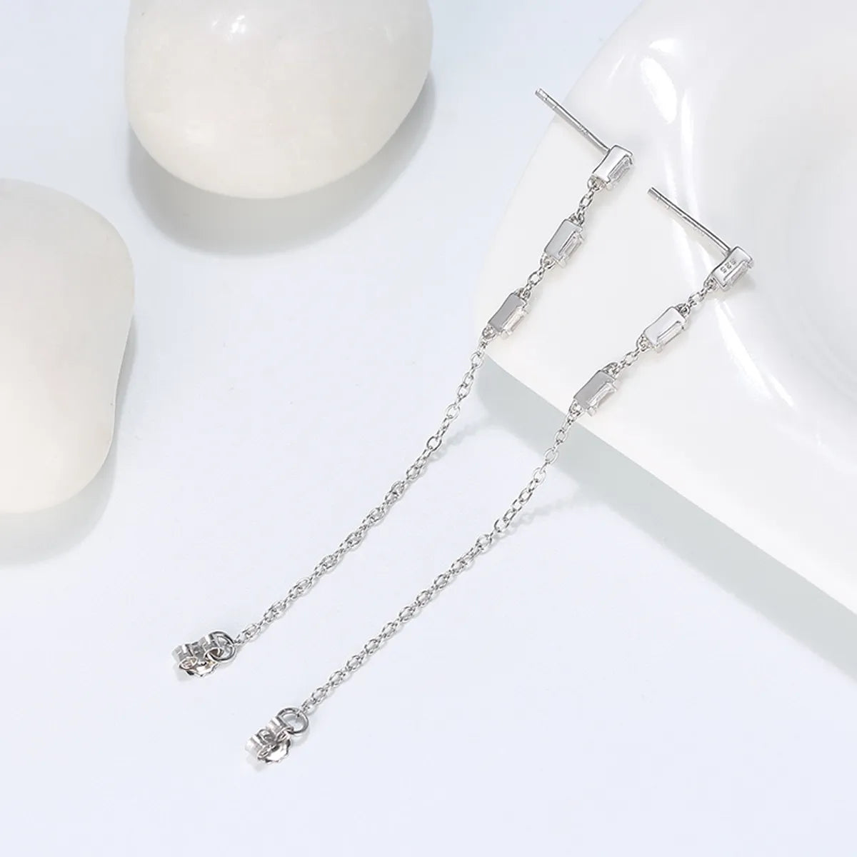 1 Pair Glam Simple Style Chain Polishing Plating Inlay Sterling Silver Zircon White Gold Plated Rhodium Plated Drop Earrings