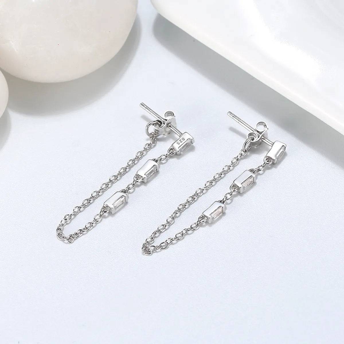 1 Pair Glam Simple Style Chain Polishing Plating Inlay Sterling Silver Zircon White Gold Plated Rhodium Plated Drop Earrings