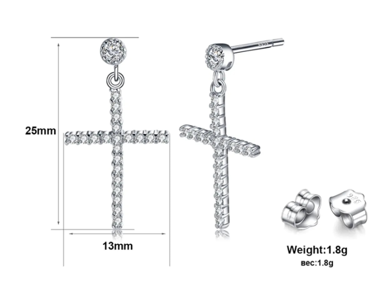 1 Pair Glam Simple Style Cross Polishing Plating Inlay Sterling Silver Zircon White Gold Plated Drop Earrings