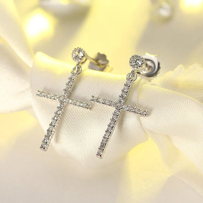 1 Pair Glam Simple Style Cross Polishing Plating Inlay Sterling Silver Zircon White Gold Plated Drop Earrings