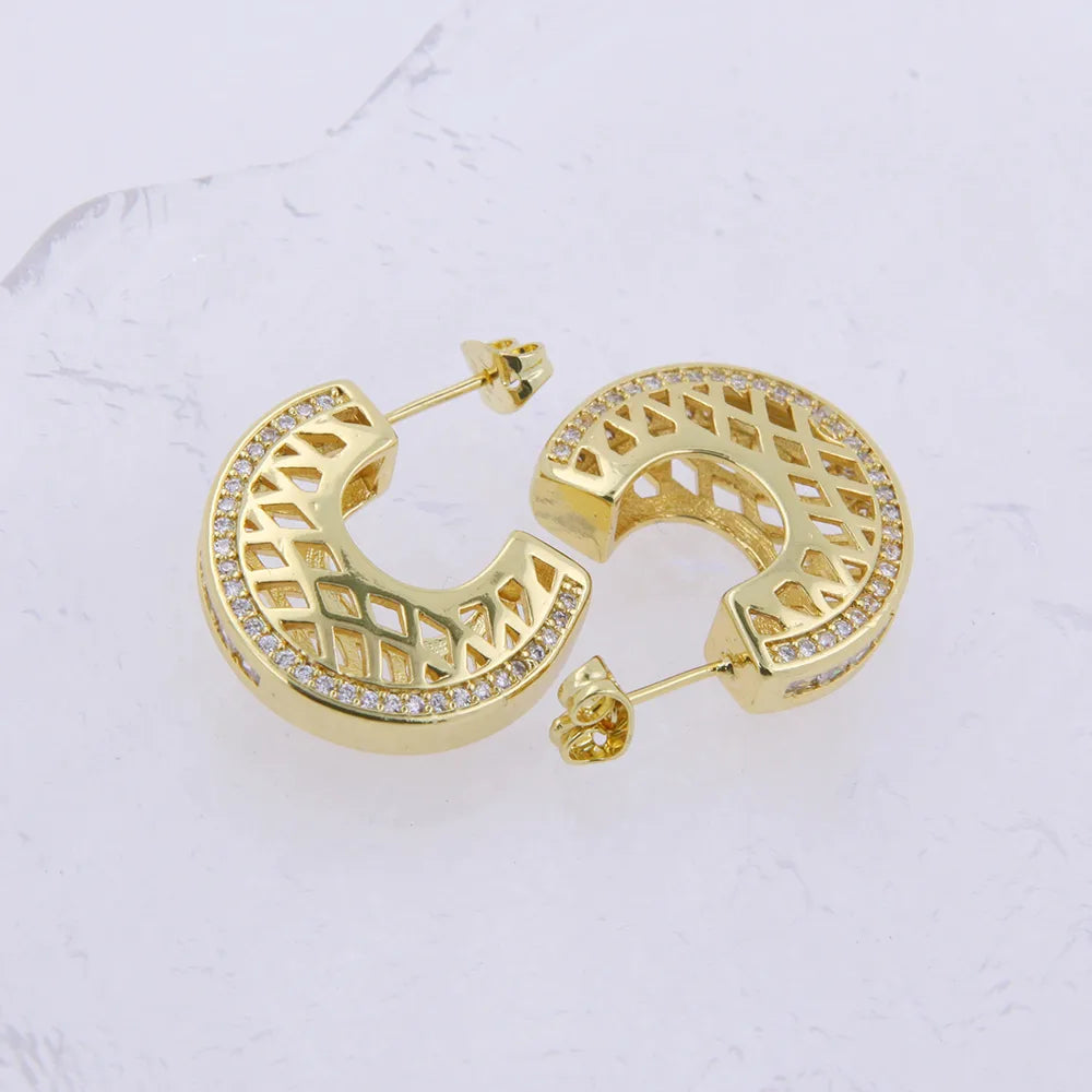 1 Pair Glam Simple Style Semicircle Plating Inlay Copper Zircon 18K Gold Plated Ear Studs