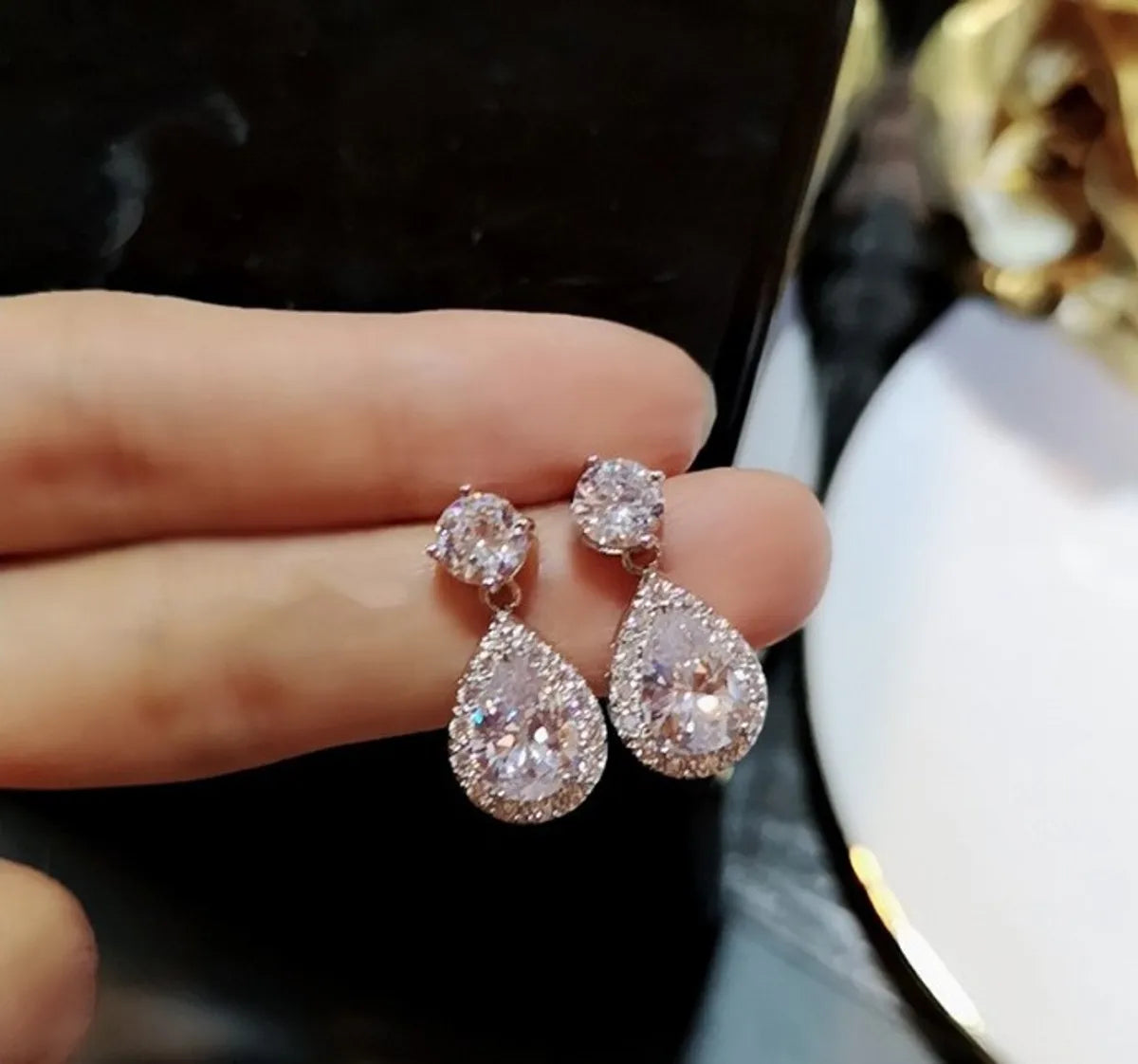 1 Pair Glam Water Droplets Inlay Brass Zircon Drop Earrings