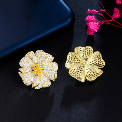 1 Pair Glam Wedding Shiny Round Plant Flower Plating Hollow Out Inlay Copper Zircon 18k Gold Plated Gold Plated Ear Studs