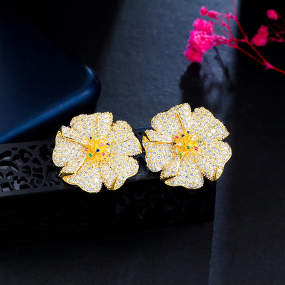 1 Pair Glam Wedding Shiny Round Plant Flower Plating Hollow Out Inlay Copper Zircon 18k Gold Plated Gold Plated Ear Studs