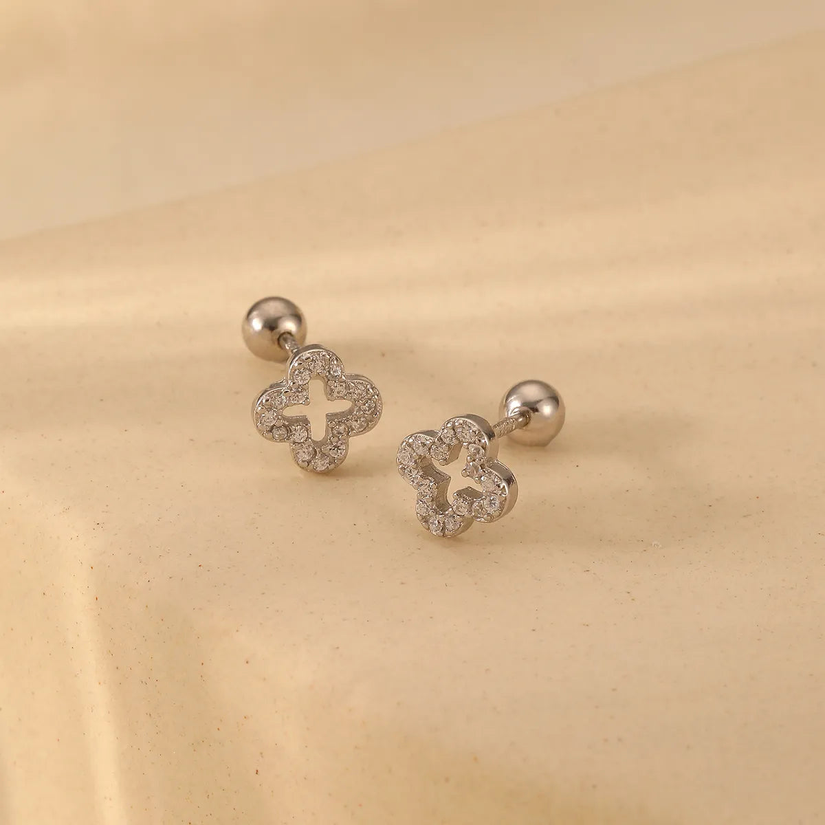 1 Pair Gold Plated Sterling Silver Zircon Four Leaf Clover Ear Studs