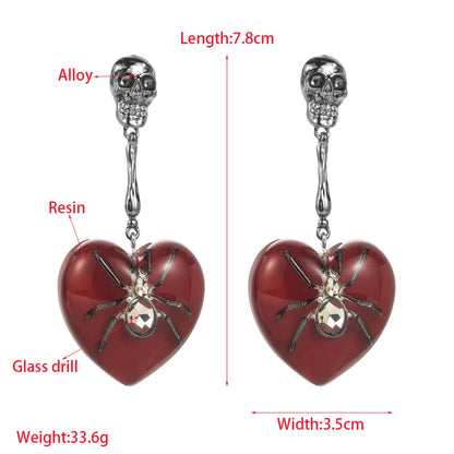 1 Pair Gothic Funny Heart Shape Spider Skull Inlay Alloy Rhinestones Black Plated Gun Drop Earrings