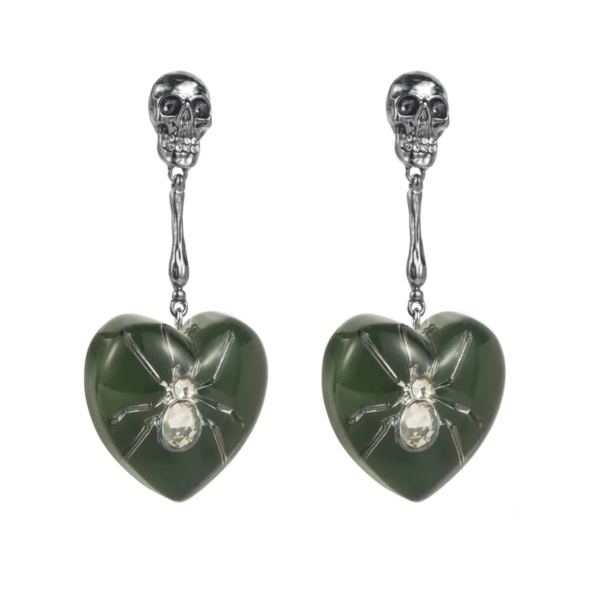 1 Pair Gothic Funny Heart Shape Spider Skull Inlay Alloy Rhinestones Black Plated Gun Drop Earrings