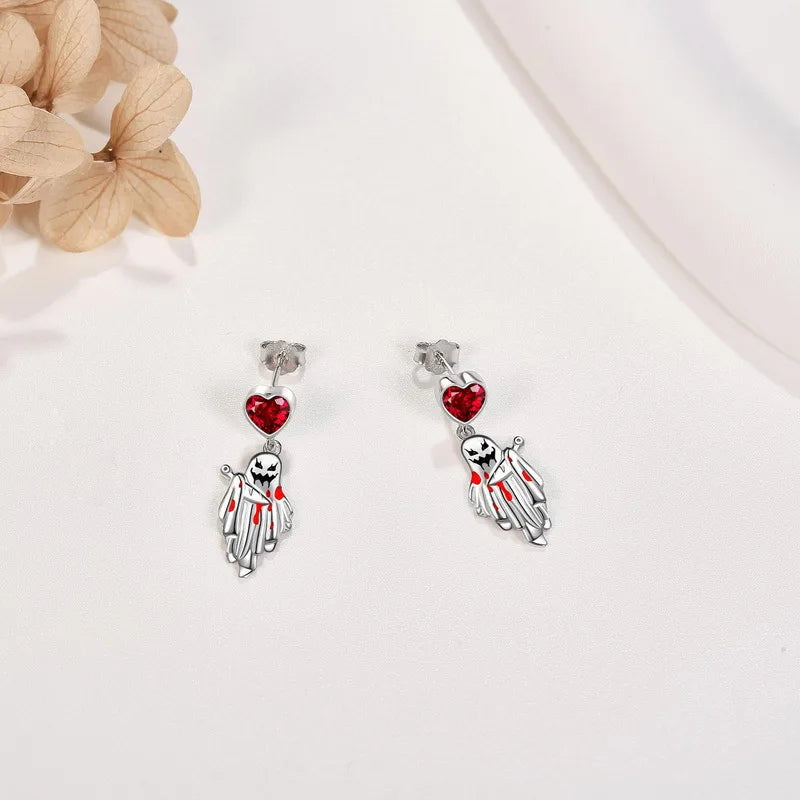 1 Pair Gothic Heart Shape Blood Stains Ghost Alloy Rhinestones Drop Earrings