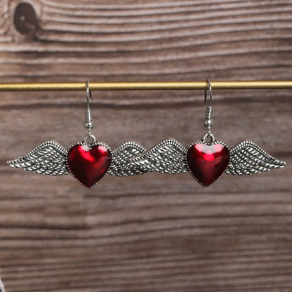 1 Pair Gothic Punk French Style Heart Shape Wings Enamel Alloy Drop Earrings