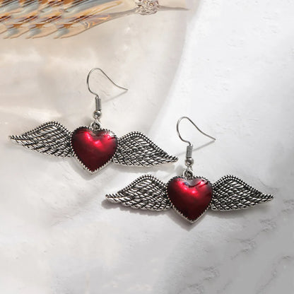 1 Pair Gothic Punk French Style Heart Shape Wings Enamel Alloy Drop Earrings