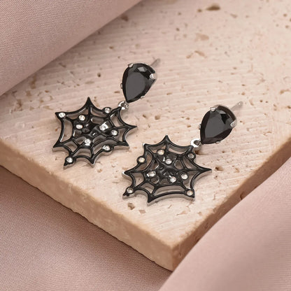 1 Pair Gothic Vintage Style Spider Web Plating Hollow Out Inlay Stainless Steel Zircon Drop Earrings