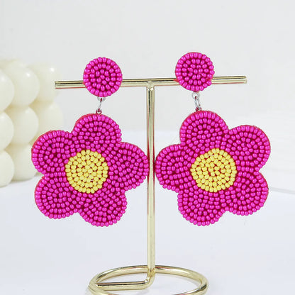 1 Pair Hawaiian Bohemian Tropical Flower Beaded Beaded Nonwoven Glass Drop Earrings