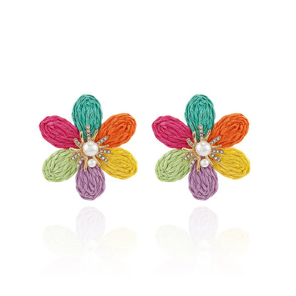 1 Pair Hawaiian Modern Style Sweet Flower Inlay Imitation Pearl Alloy Raffia Imitation Pearl Drop Earrings