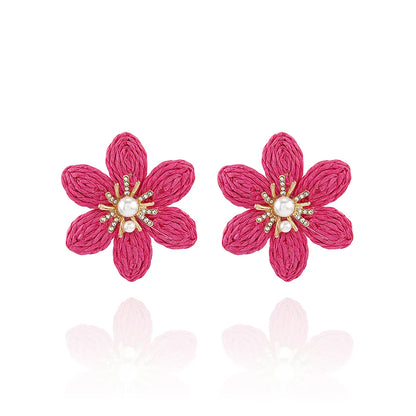 1 Pair Hawaiian Modern Style Sweet Flower Inlay Imitation Pearl Alloy Raffia Imitation Pearl Drop Earrings