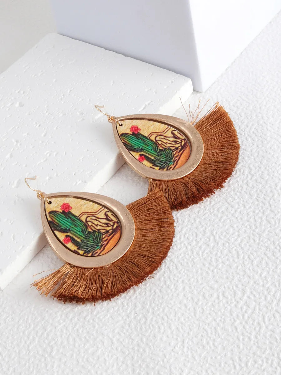 1 Pair Hawaiian Streetwear Geometric Plating Alloy Wood Cotton 18k Gold Plated Drop Earrings