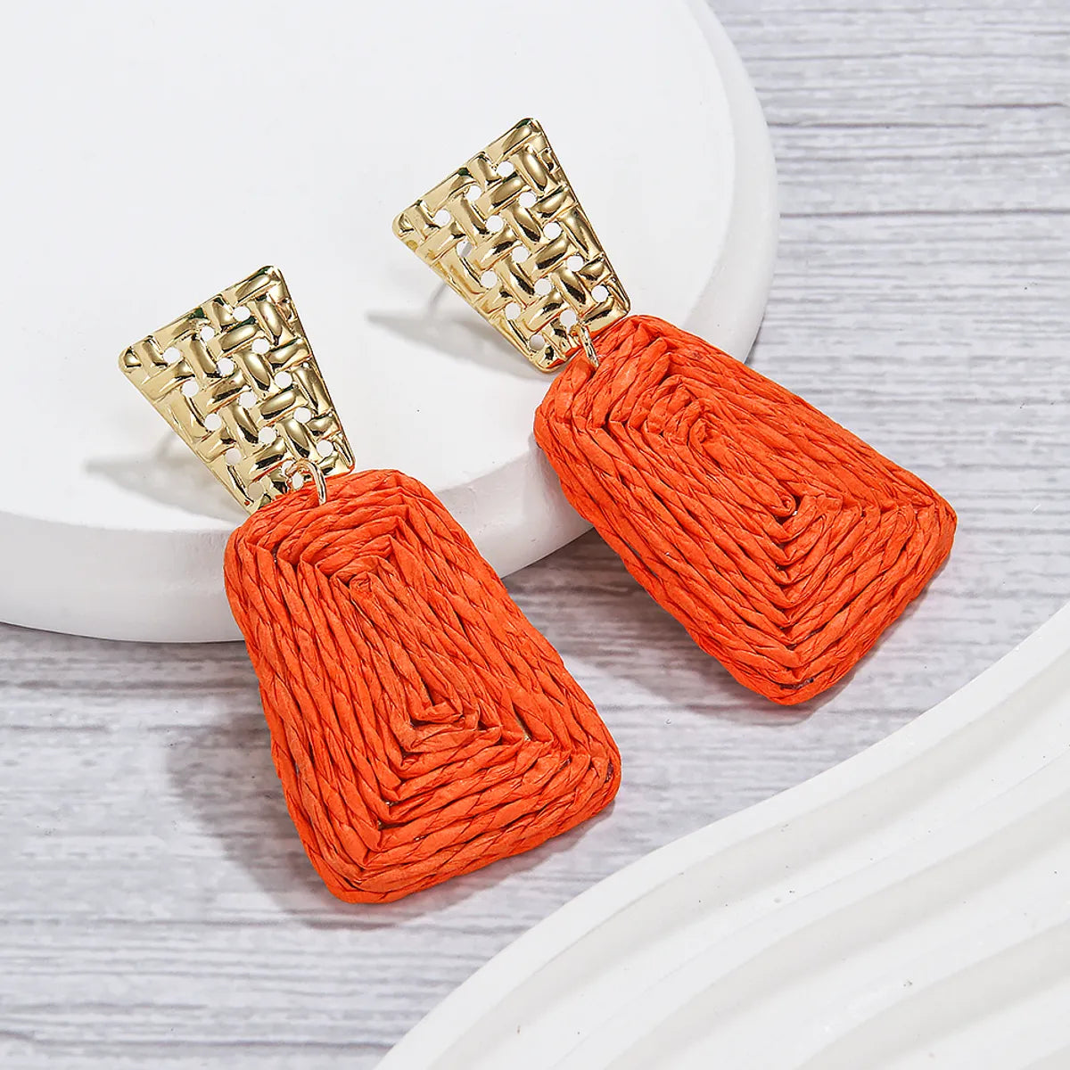 1 Pair Hawaiian Tropical Geometric Alloy Raffia 14K Gold Plated Drop Earrings