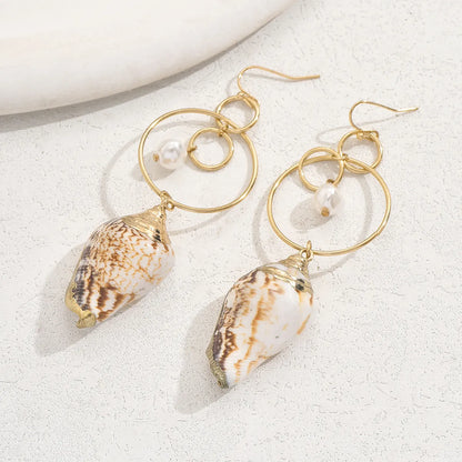 1 Pair Hawaiian Vacation Beach Conch Asymmetrical Hollow Out Plastic Shell 18K Gold Plated Drop Earrings