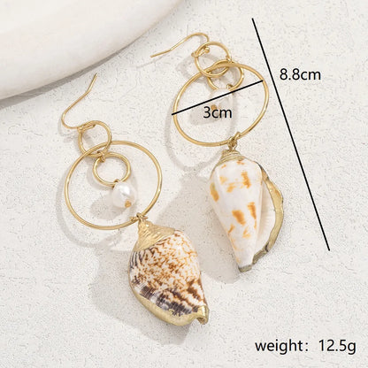 1 Pair Hawaiian Vacation Beach Conch Asymmetrical Hollow Out Plastic Shell 18K Gold Plated Drop Earrings