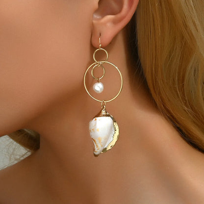 1 Pair Hawaiian Vacation Beach Conch Asymmetrical Hollow Out Plastic Shell 18K Gold Plated Drop Earrings