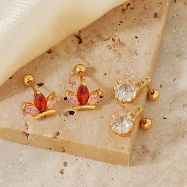 1 Pair Hawaiian Vacation Classic Style Heart Shape Crown Inlay Copper Zircon K Gold Plated Ear Studs