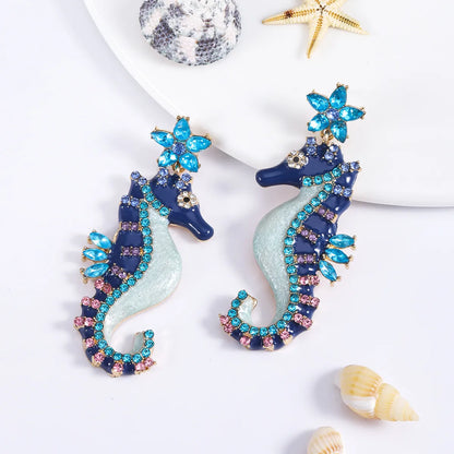 1 Pair Hawaiian Vacation Hippocampus Plating Inlay Alloy Artificial Gemstones Gold Plated Drop Earrings