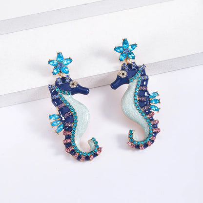 1 Pair Hawaiian Vacation Hippocampus Plating Inlay Alloy Artificial Gemstones Gold Plated Drop Earrings