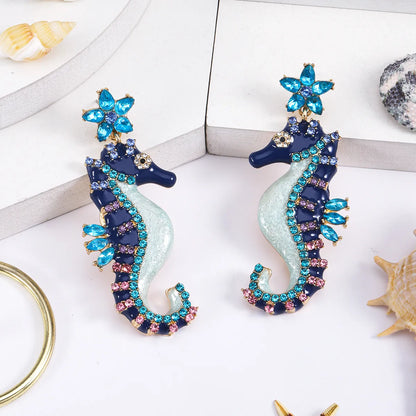 1 Pair Hawaiian Vacation Hippocampus Plating Inlay Alloy Artificial Gemstones Gold Plated Drop Earrings