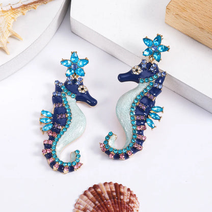 1 Pair Hawaiian Vacation Hippocampus Plating Inlay Alloy Artificial Gemstones Gold Plated Drop Earrings