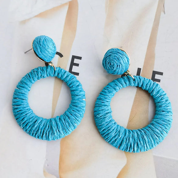 1 Pair Hawaiian Vacation Round Handmade Raffia Drop Earrings