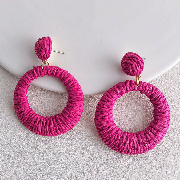 1 Pair Hawaiian Vacation Round Handmade Raffia Drop Earrings