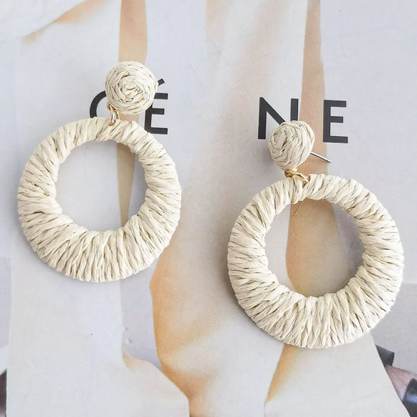 1 Pair Hawaiian Vacation Round Handmade Raffia Drop Earrings